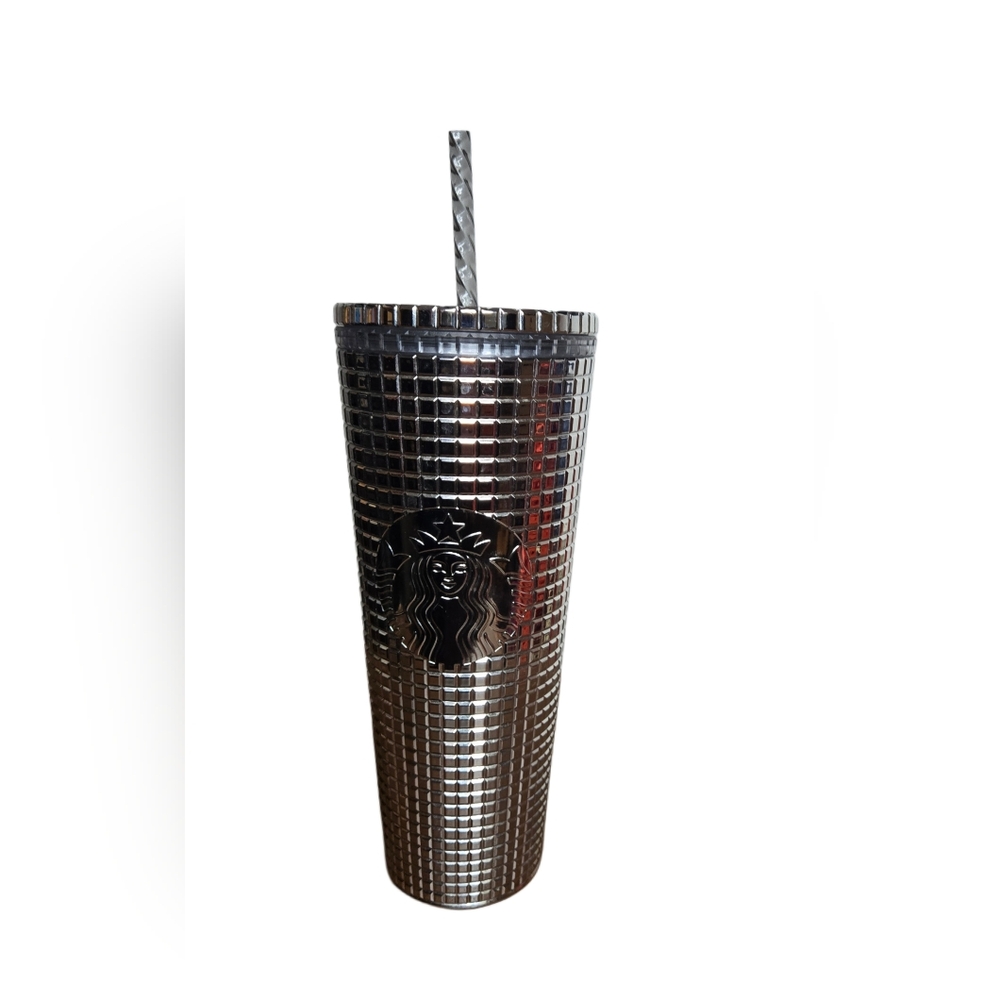 Starbucks 2023 Holiday Silver Chrome Studded Tumbler 24oz Venti Size Metalic‎
